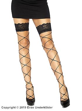 Thigh highs, rhinestones, wide lace edge, large fishnet